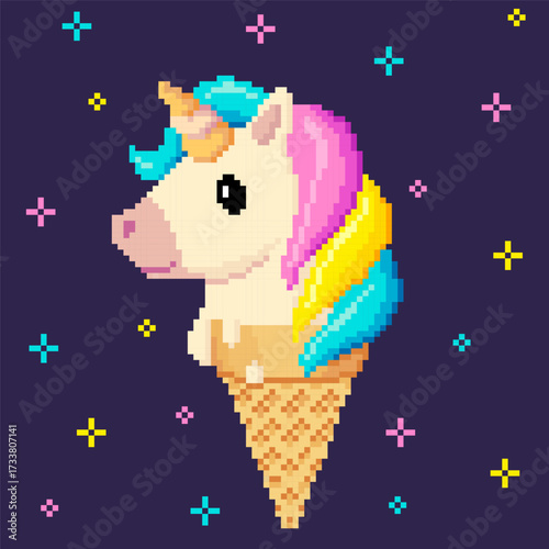 Pixel art unicorn head icon with rainbow mane in waffle horn. Pixelated vector illustration of ice cream unicorn. Retro 8 bit pixel art for game