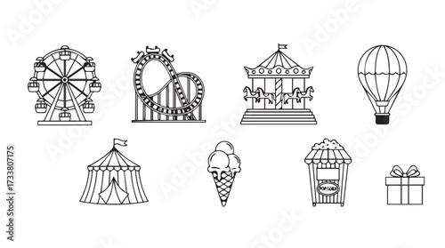 Whimsical hand-drawn carnival and amusement park icons set on white vector