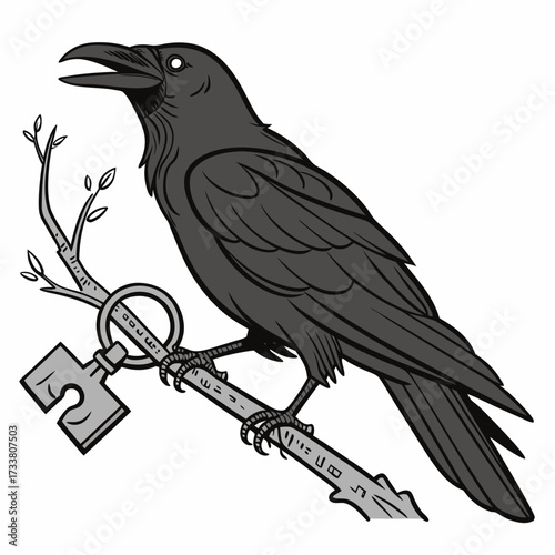 A black crow perched on a branch holding a key in its beak
