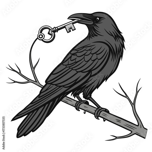 A black crow perches on a branch holding a key in its beak