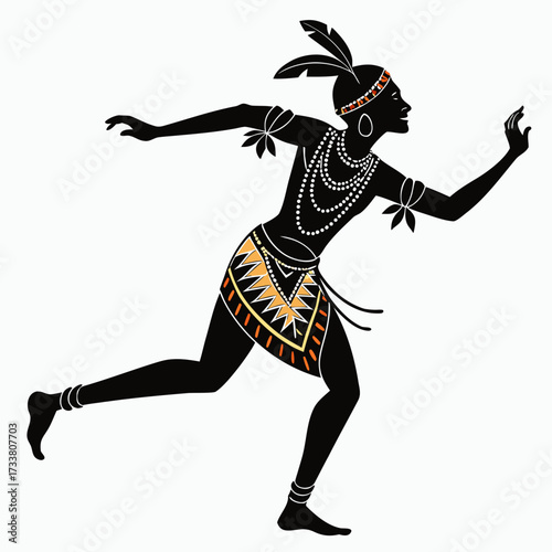 African tribal dancer silhouette with feathered headdress and beaded necklace