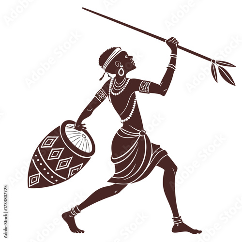 African tribal dancer silhouette with spear and drum