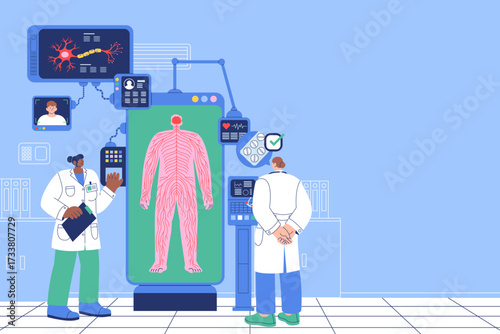 Flat Medical Background Illustration Featuring Doctors Analyzing Nervous System Anatomy
