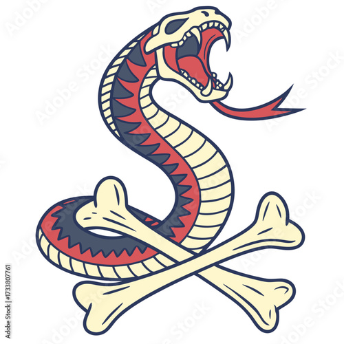 Aggressive snake coiled around crossed bones reptile