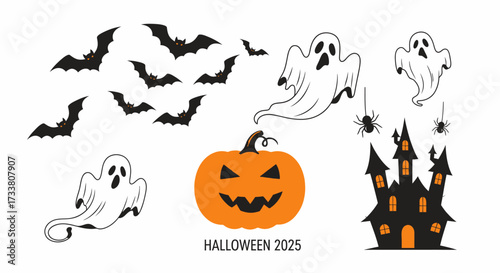A vibrant collection of spooky Halloween vector elements featuring flying bats, ghostly figures, a carved pumpkin, and a haunted castle, perfect for festive designs.