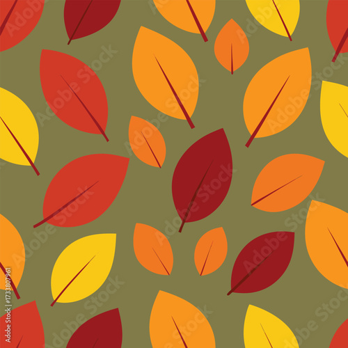 Autumn leaf pattern with warm colors on a muted green background