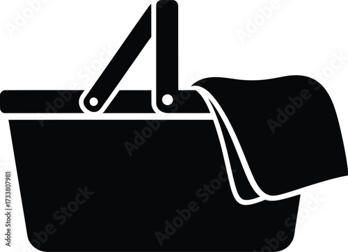 A black and white vector silhouette of a classic picnic basket with a hinged handle and a blanket or cloth draped over the side, representing outdoor leisure, summer recreation, and food sharing.