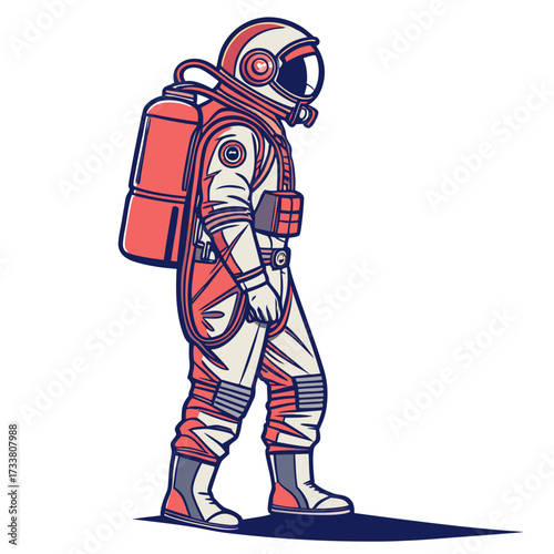 Astronaut in coral and cream suit with backpack space suit