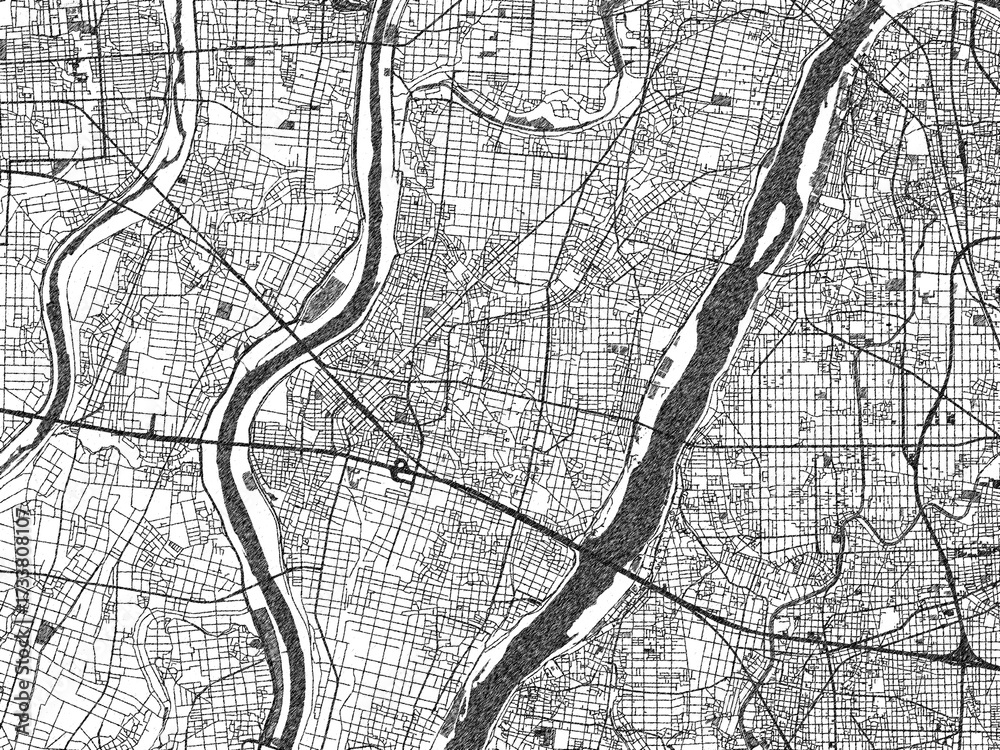 Naklejka premium Hand-drawn style black and white city map of Hashima, Japan, with detailed streets and textures.