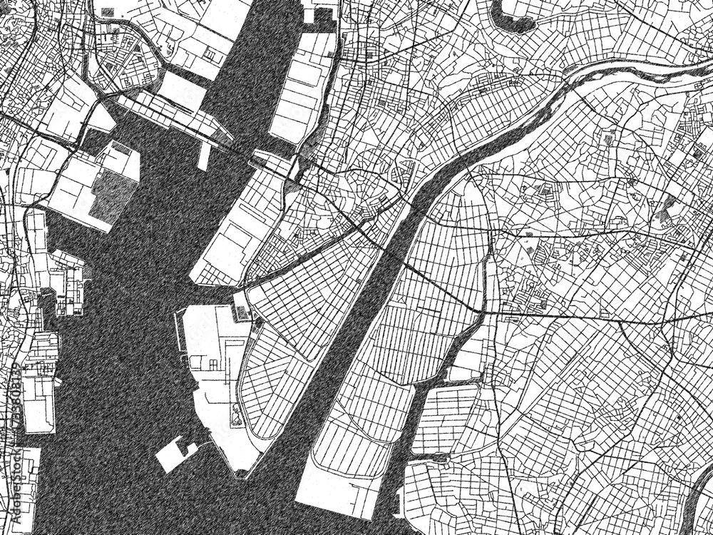 Naklejka premium Stylized decorative city map of Hekinan, Japan, hand-drawn in black and white.