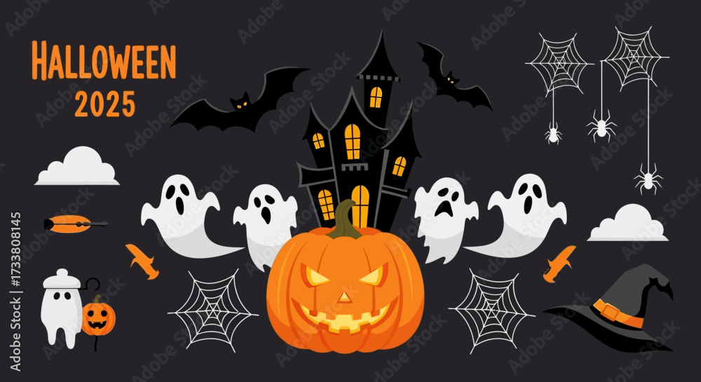 Fototapeta premium A vibrant vector illustration for Halloween 2025, showcasing a pumpkin, haunted house, flying bats, ghosts, and spiderwebs, perfect for festive designs.