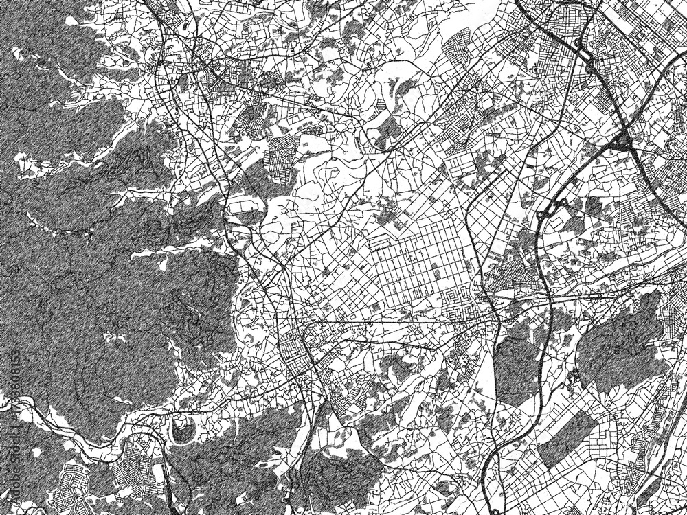 Naklejka premium Hand-drawn style black and white city map of Hidaka, Japan, with detailed streets and textures.