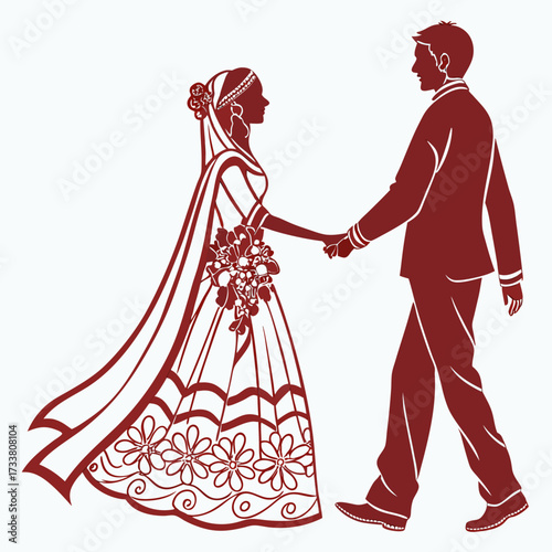 Bangladeshi bride and groom holding hands in silhouette