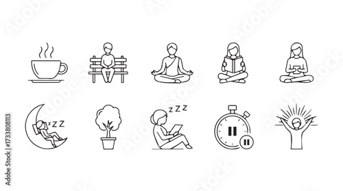 Collection of hand-drawn sketch icons representing relaxation meditation sleep and mindfulness vector