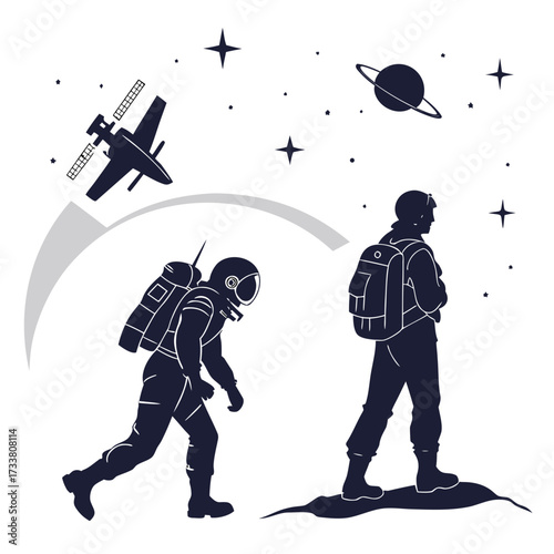 Astronauts and space station in dark blue silhouette