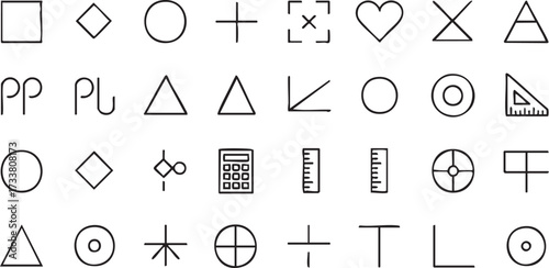 Geometric Shapes and Math Symbols Line Icons with Circles, Squares and Triangles