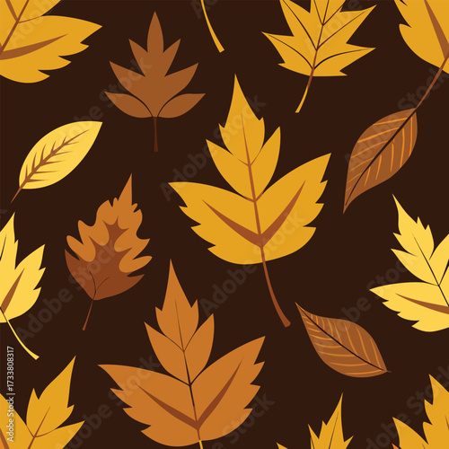 Seamless pattern of golden autumn leaves on dark brown