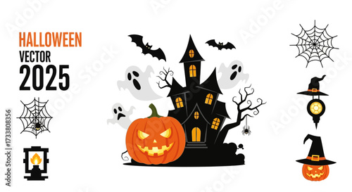 A captivating Halloween vector illustration showcasing a spooky haunted house, glowing jack-o'-lantern, flying bats, and friendly ghosts, ideal for festive designs.