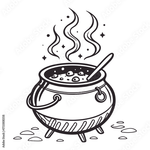 Black and white illustration of a bubbling witch cauldron with steam