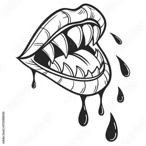 Black and white illustration of vampire fangs with dripping blood