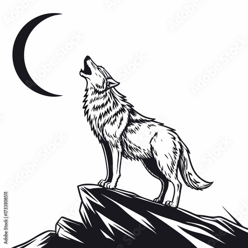 Black and white illustration of a wolf howling at a crescent moon