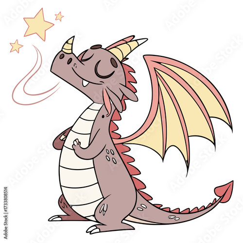 A cute cartoon dragon with closed eyes smelling three magical yellow stars, depicted in a simple, happy illustration style.