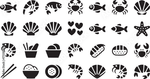 Seafood Line Icons Set with Fish, Shrimp, Crab, Shells and Sushi Symbols