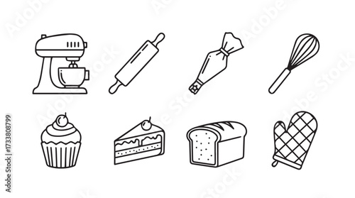 Hand drawn baking icons collection featuring mixer whisk rolling pin cupcake slice bread oven mitt vector