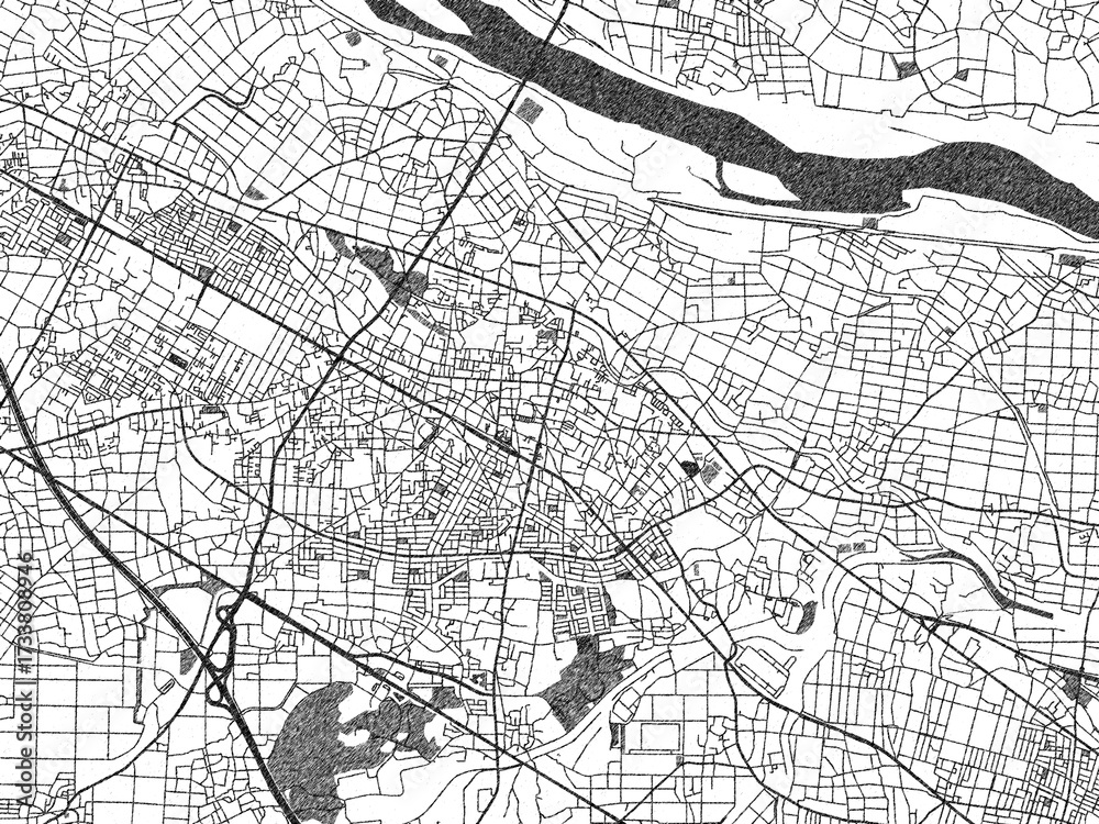 Naklejka premium Monochrome sketch map of Honjo, Japan, ideal for posters, prints, and travel design.