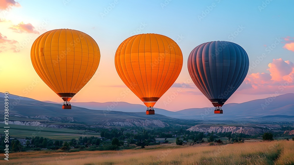 Fototapeta premium Colorful hot air balloons floating above a scenic valley at sunset
