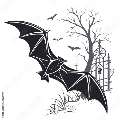 Black bat with spread wings flying near gothic gate and bare tree