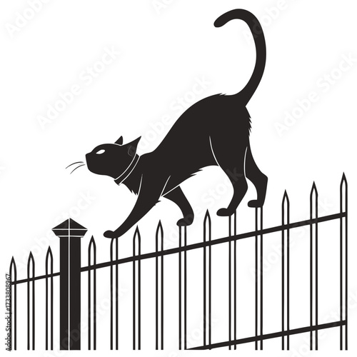 Black cat silhouette arching back on a picket fence 1