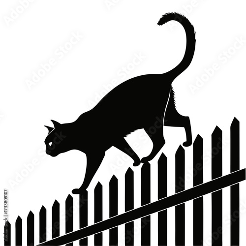 Black cat silhouette walking on a picket fence animal 1