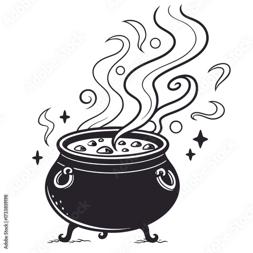 Black cauldron bubbling with steam and magical elements