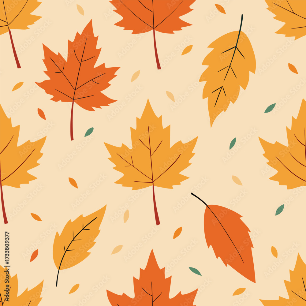 Fototapeta premium Seamless pattern of autumn maple leaves in warm tones on a light background