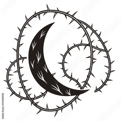Black crescent moon entwined with thorny vines thorns