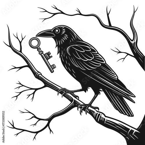 Black crow with key in beak perched on bare tree branch