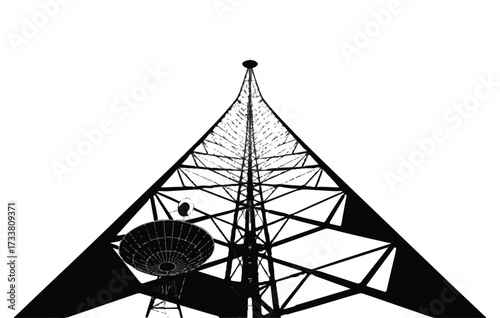 Silhouette of a Tall Radio Transmission Tower with a Satellite Dish radio tower communication