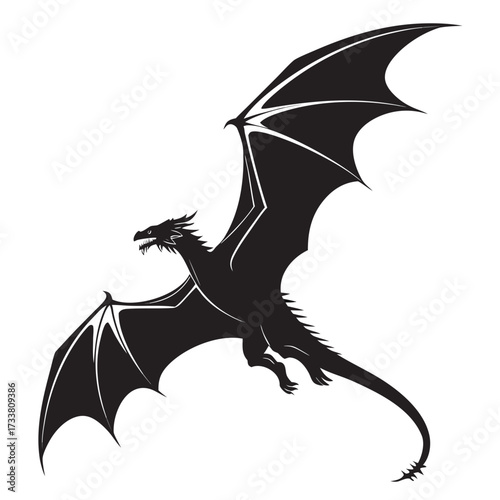 Black dragon silhouette with spread wings flying white background