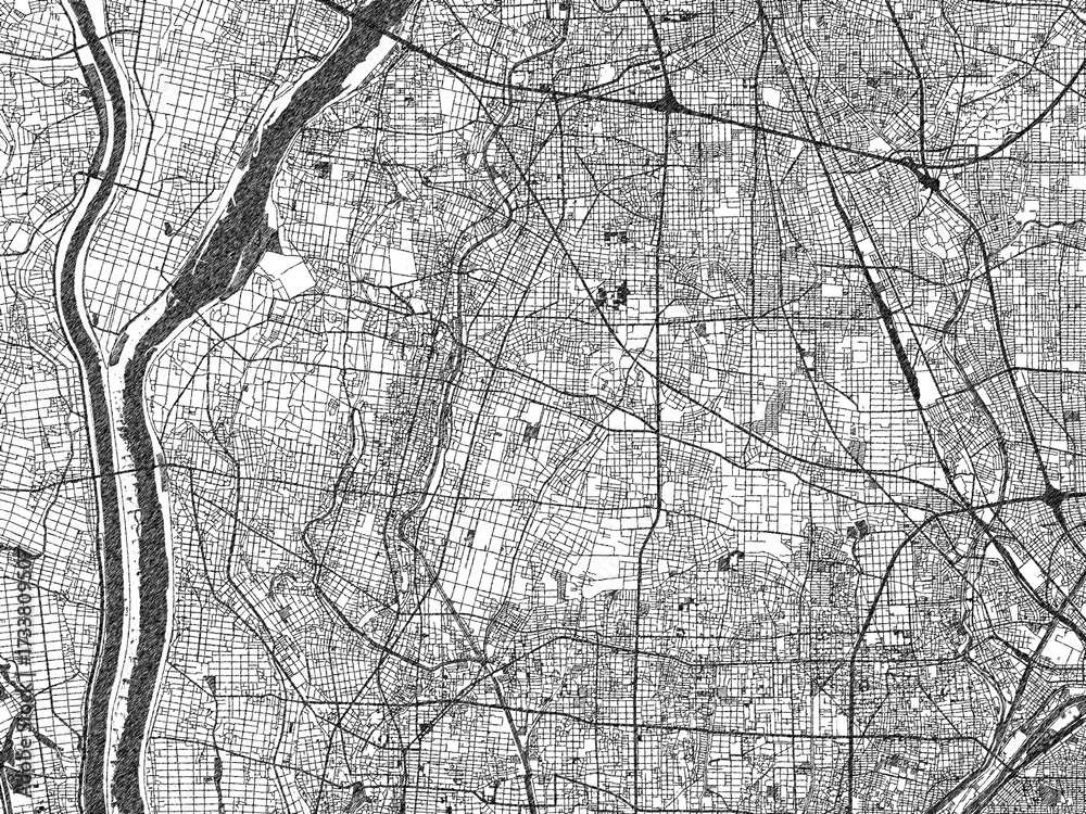 Naklejka premium Hand-drawn style black and white city map of Inazawa, Japan, with detailed streets and textures.