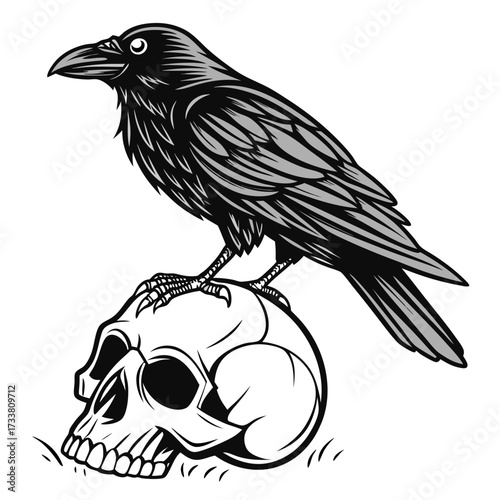 Black raven perched on a white skull with grass crow