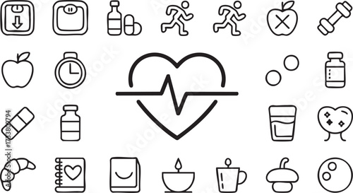 Health and Nutrition Outline Icons for Exercise, Supplements and Daily Wellness