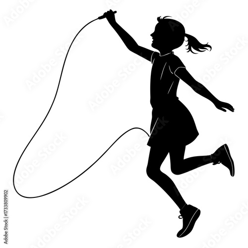 Black silhouette of a girl jumping rope on white background