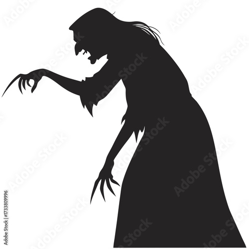 Black silhouette of a menacing witch with long claws