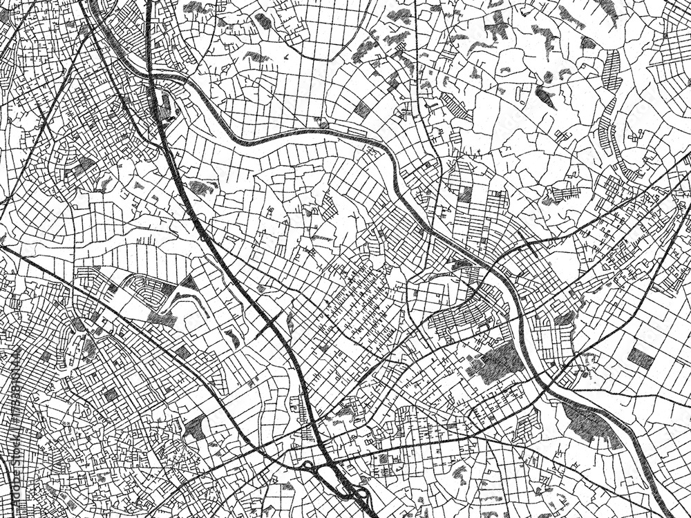 Naklejka premium Stylized black and white urban map of Iwatsuki, Japan, hand-drawn style for decor and creative use.