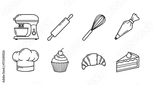 Hand drawn bakery icons featuring mixer whisk rolling pin chef hat cupcake croissant and cake vector