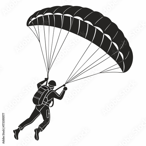 Black silhouette of a skydiver with parachute against white background