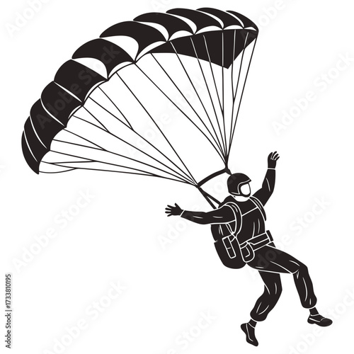 Black silhouette of a skydiver with parachute descending