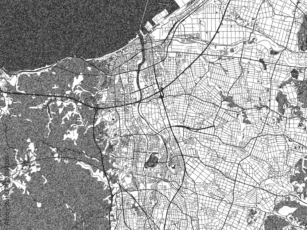 Naklejka premium Decorative black and white map of Joetsu, Japan, rendered in sketch-like style.