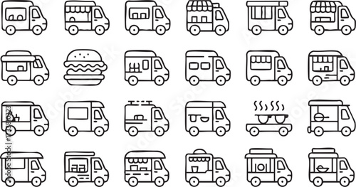 Food Truck Line Icons with Street Food Vans, Mobile Cafes and Burgers